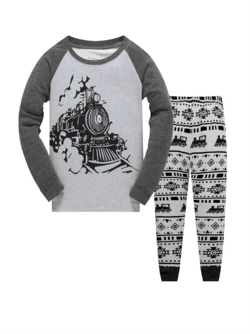 2kpl Poikien Casual Train Pattern Crew Neck Pitkähihaiset Pyjamasetit