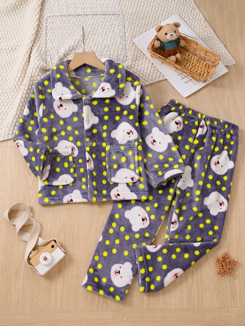 2kpl Uusi Syystalvi Pojille Ja Tytöille Paksunnettu Flanellineuletakki Dot Bear Print Pyjama-setti